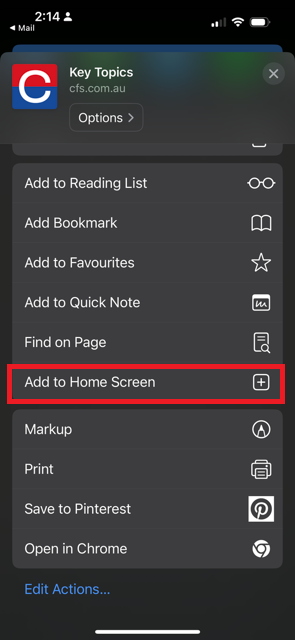 Scroll down the overlay page and select ’Add to Home Screen’